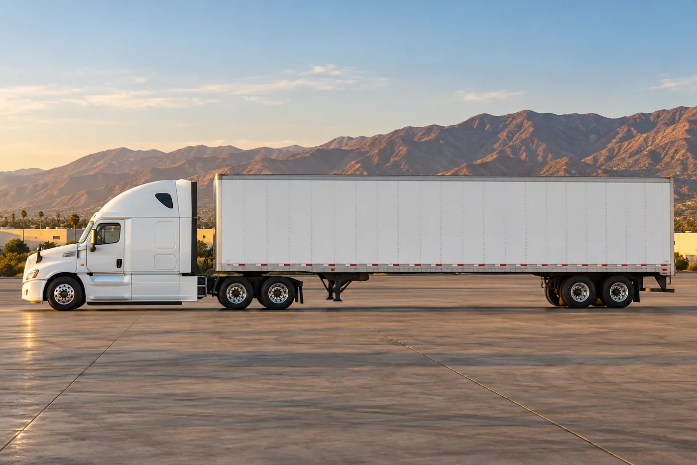 AI-generated white American semi-truck in full side profile at a California-inspired freight yard