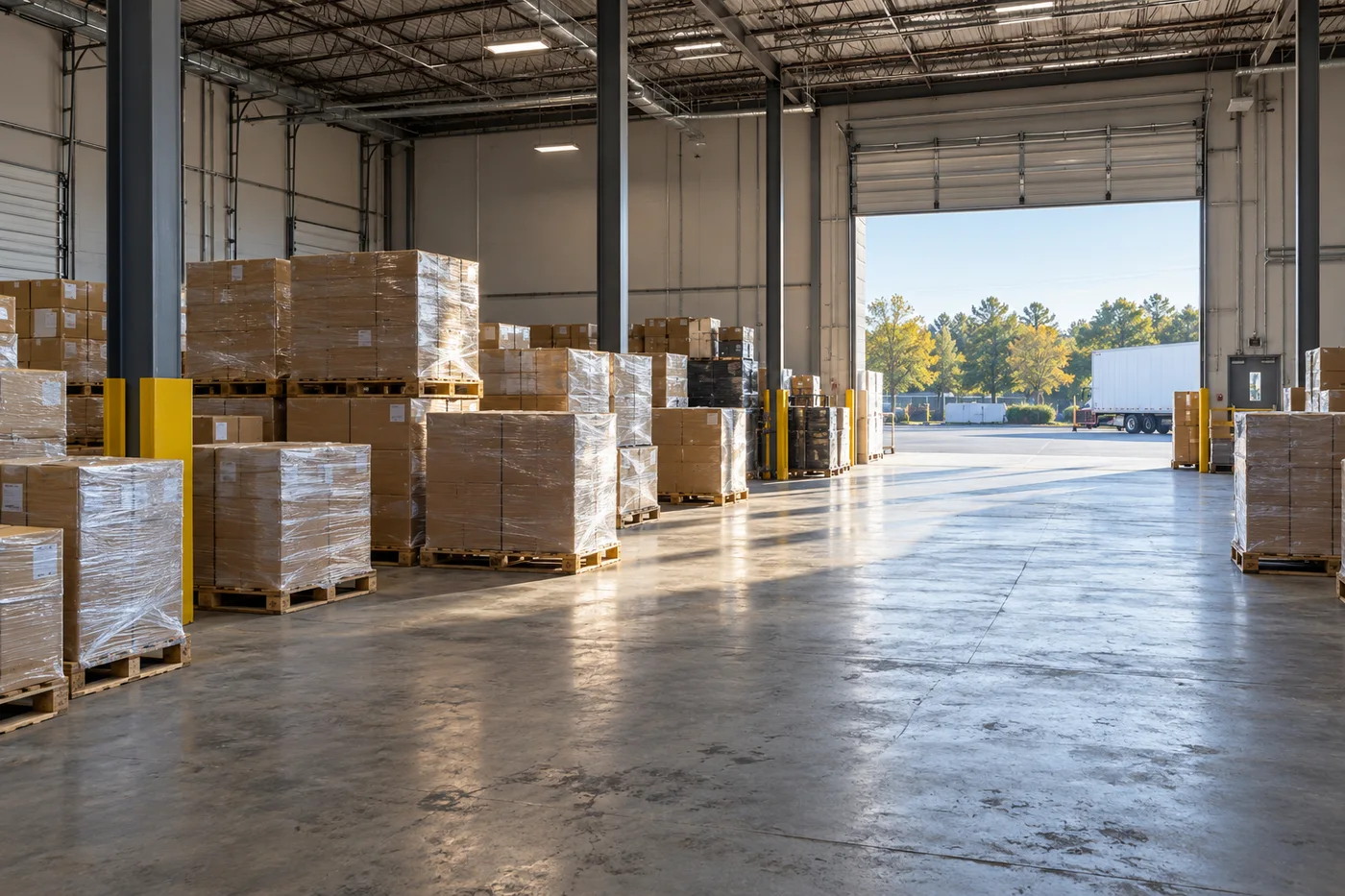 AI-generated warehouse receiving area with wrapped pallets and a roll-up doorway