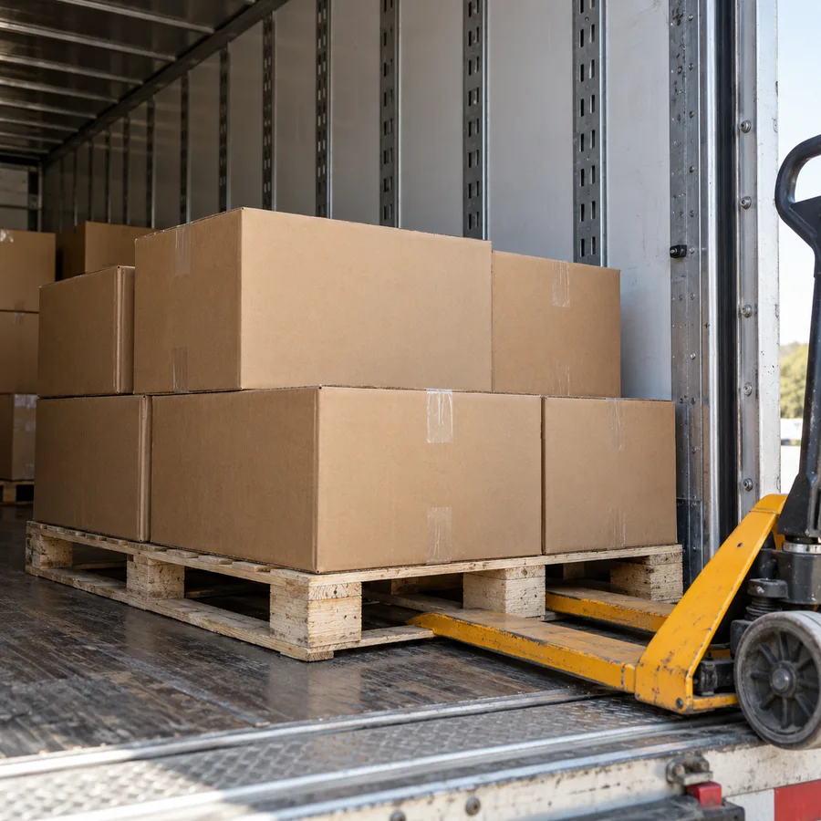 AI-generated palletized cartons inside a freight trailer